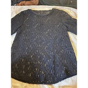 Banana Republic Black Lace Short Sleeve Blouse Top Women's Size S Back Zip